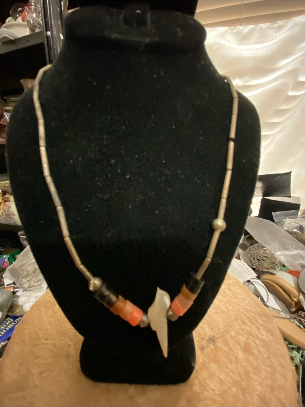 Vintage Mother of Pearl Bird Liquid Silver Fetish 17” Necklace BARREL CLASP